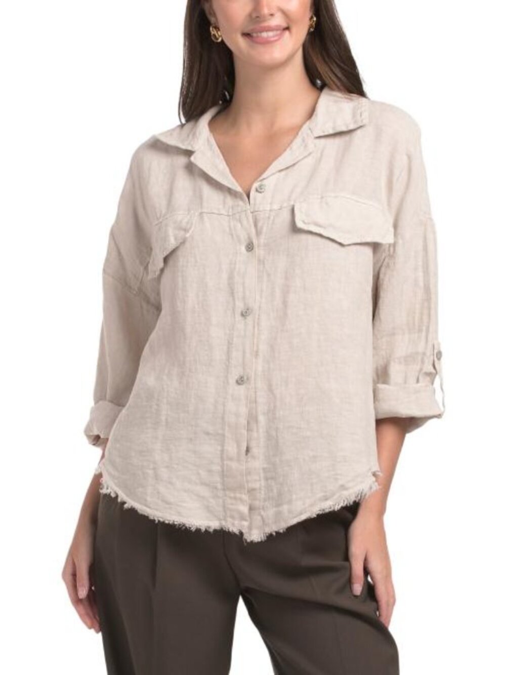 VENTI Made In Italy Linen Sequin Back Frayed Hem Button Up Shirt